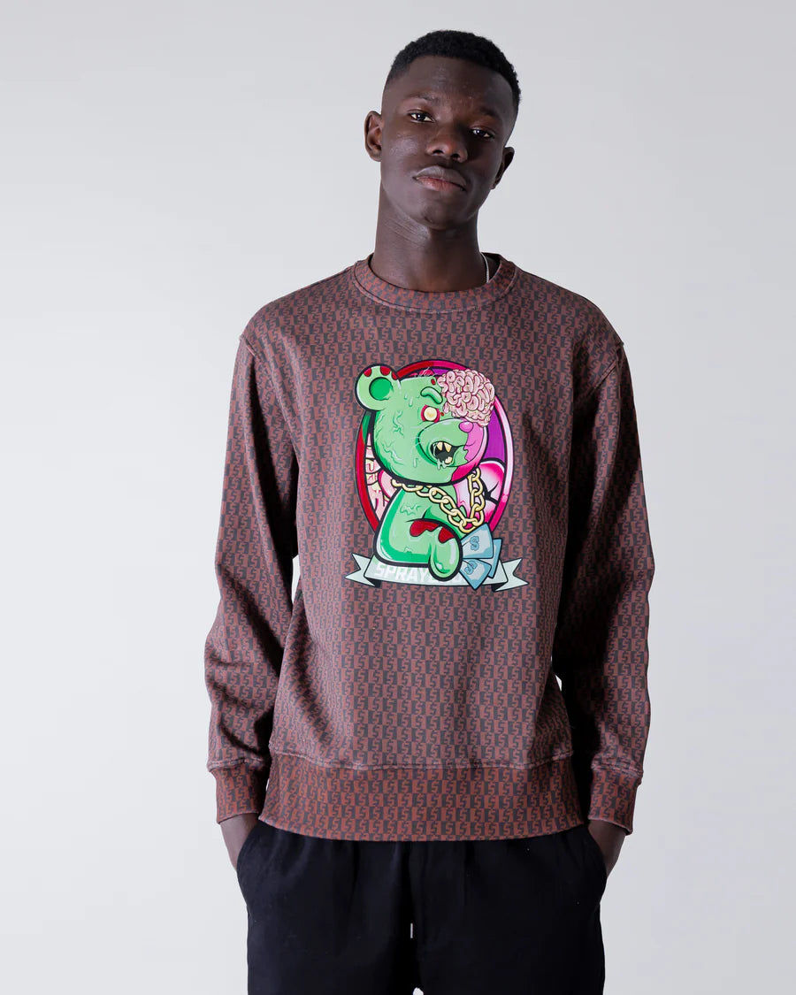 SPRAYGROUND FELPA GIROCOLLO ZOMBIE BEAR MONEY CHECKERED CREWNECK MARRONE