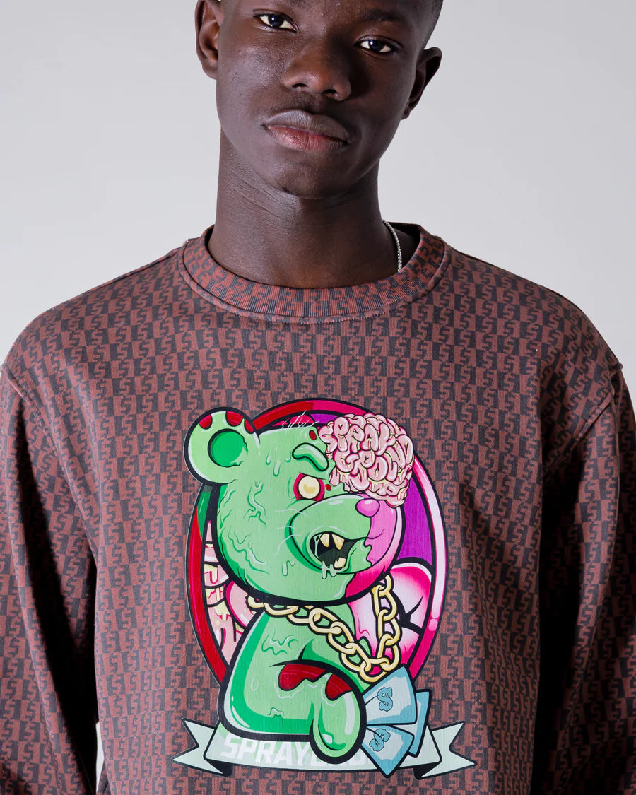 SPRAYGROUND FELPA GIROCOLLO ZOMBIE BEAR MONEY CHECKERED CREWNECK MARRONE