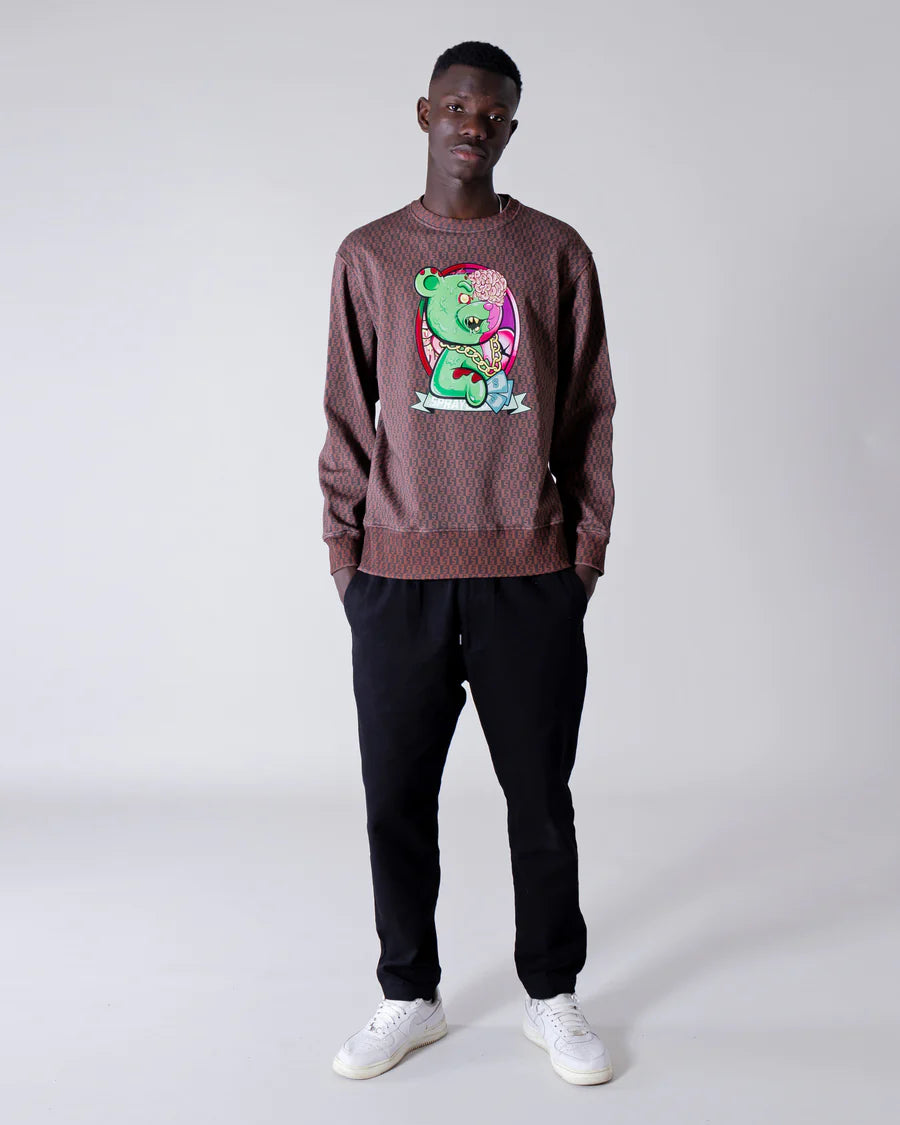 SPRAYGROUND FELPA GIROCOLLO ZOMBIE BEAR MONEY CHECKERED CREWNECK MARRONE